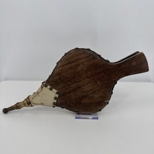 Vintage Fireplace Bellows Air Blower Wood, Leather, Brass Nozzle Hand Pump